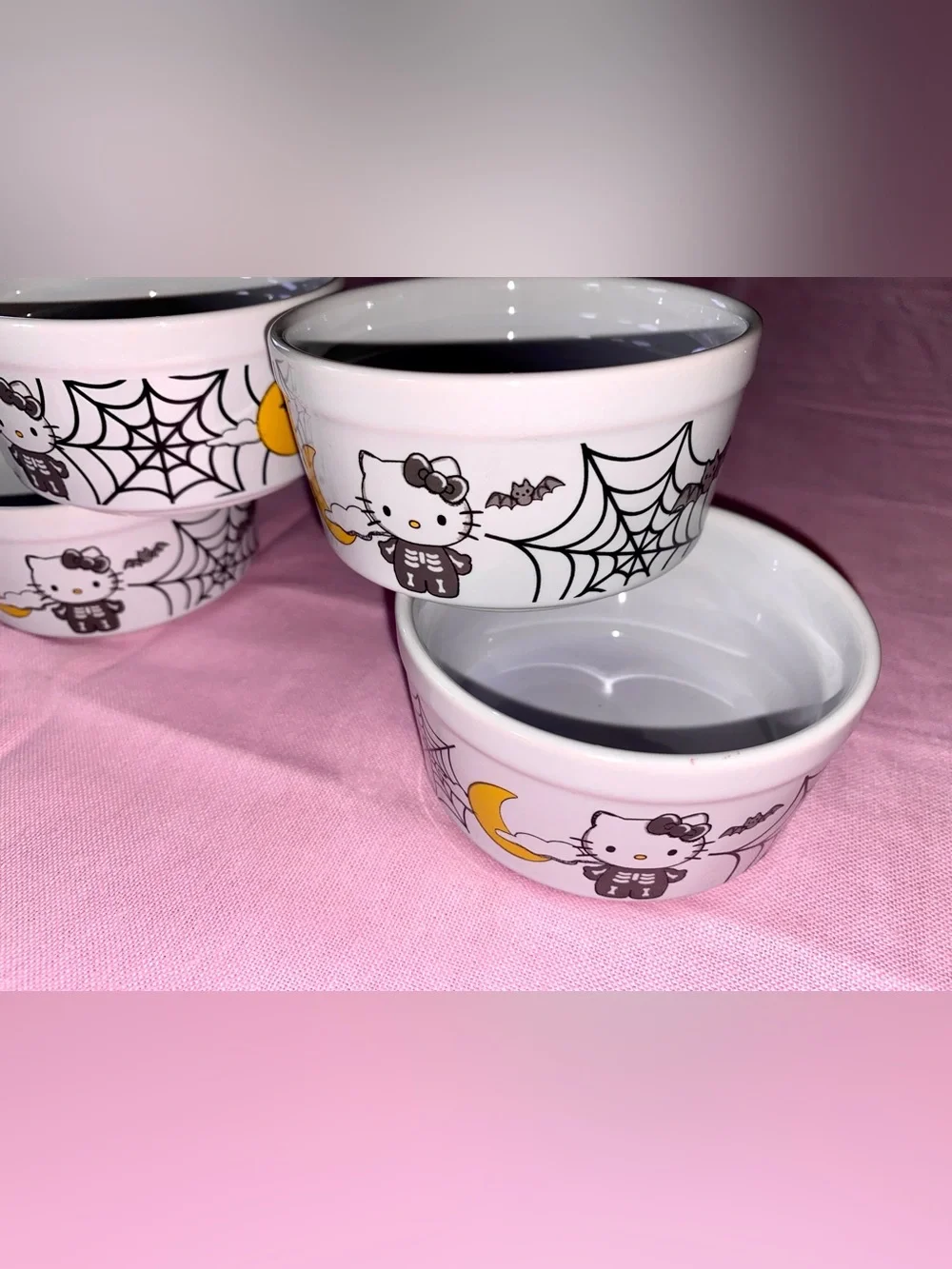 Hello Kitty Halloween Ceramic Ramekin Bowl Set Skeleton Moon Skull Spooky Spider